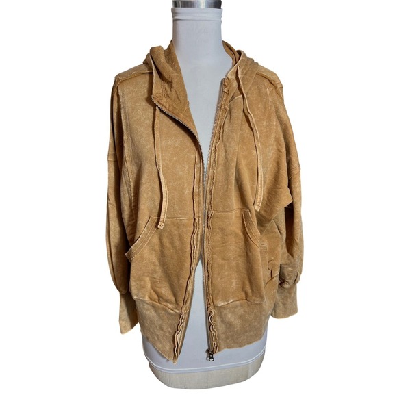 Zenana Outfitters Tops - Zenana Acid Wash Zip Up Hoodie Mustard Tan Raw Edge Oversized L/XL TJW-5221A